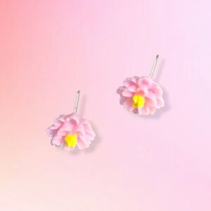 2 Cute Pink Flower Stud Earrings with Yellow Center